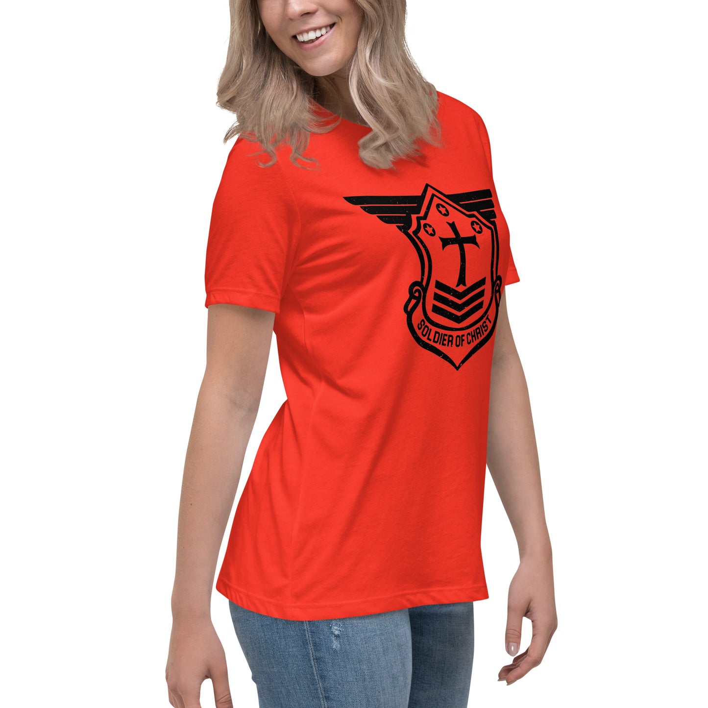 Women's Relaxed T-Shirt with Black Soldier of Christ Emblem Front