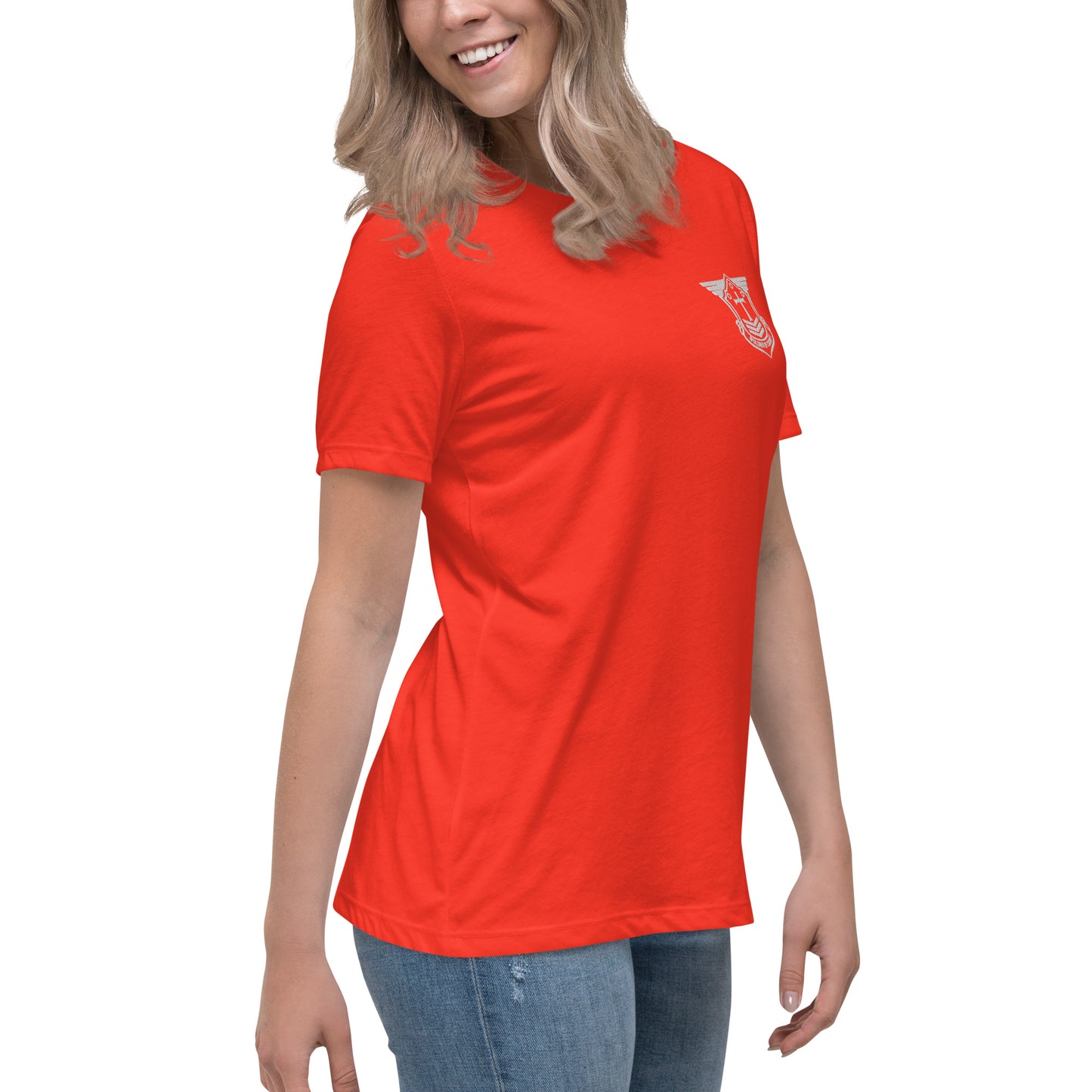 Women's Relaxed T-Shirt with White Embroidered Soldier of Christ Emblem