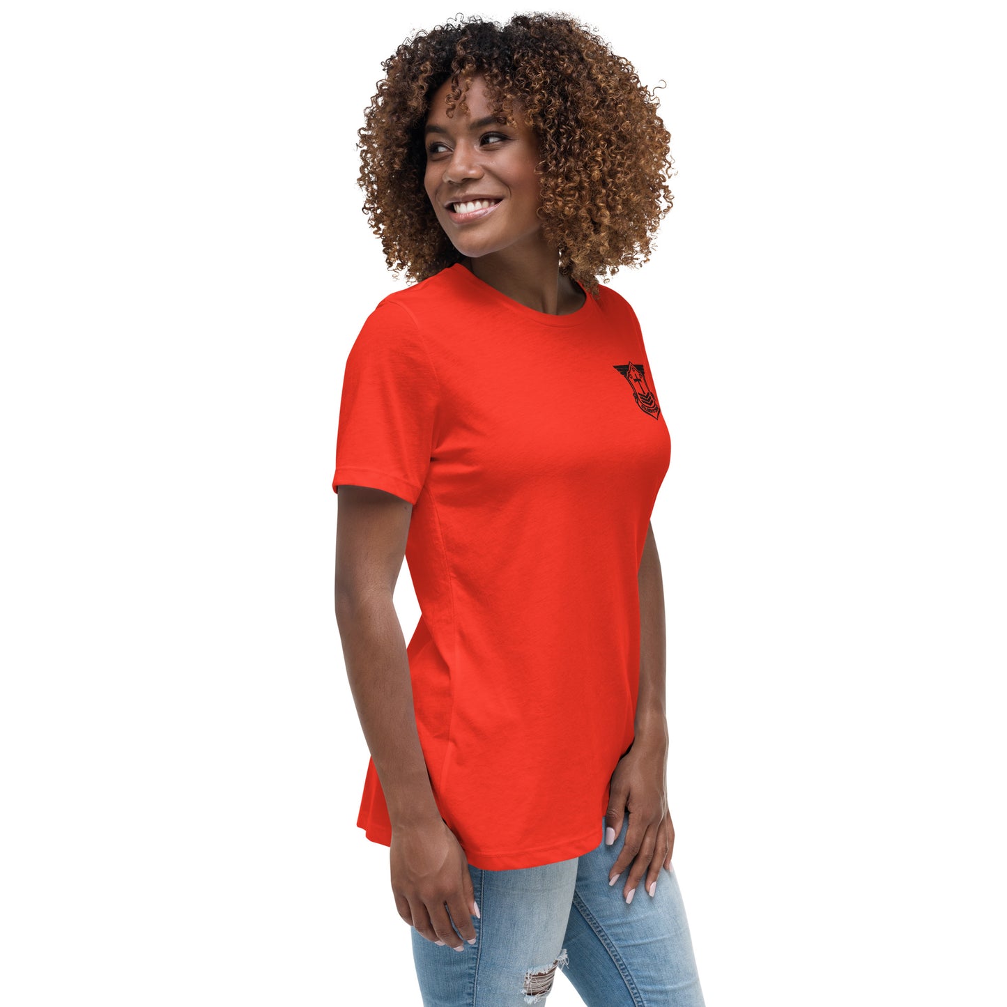 Women's Relaxed T-Shirt with Black Embroidered Soldier of Christ Emblem