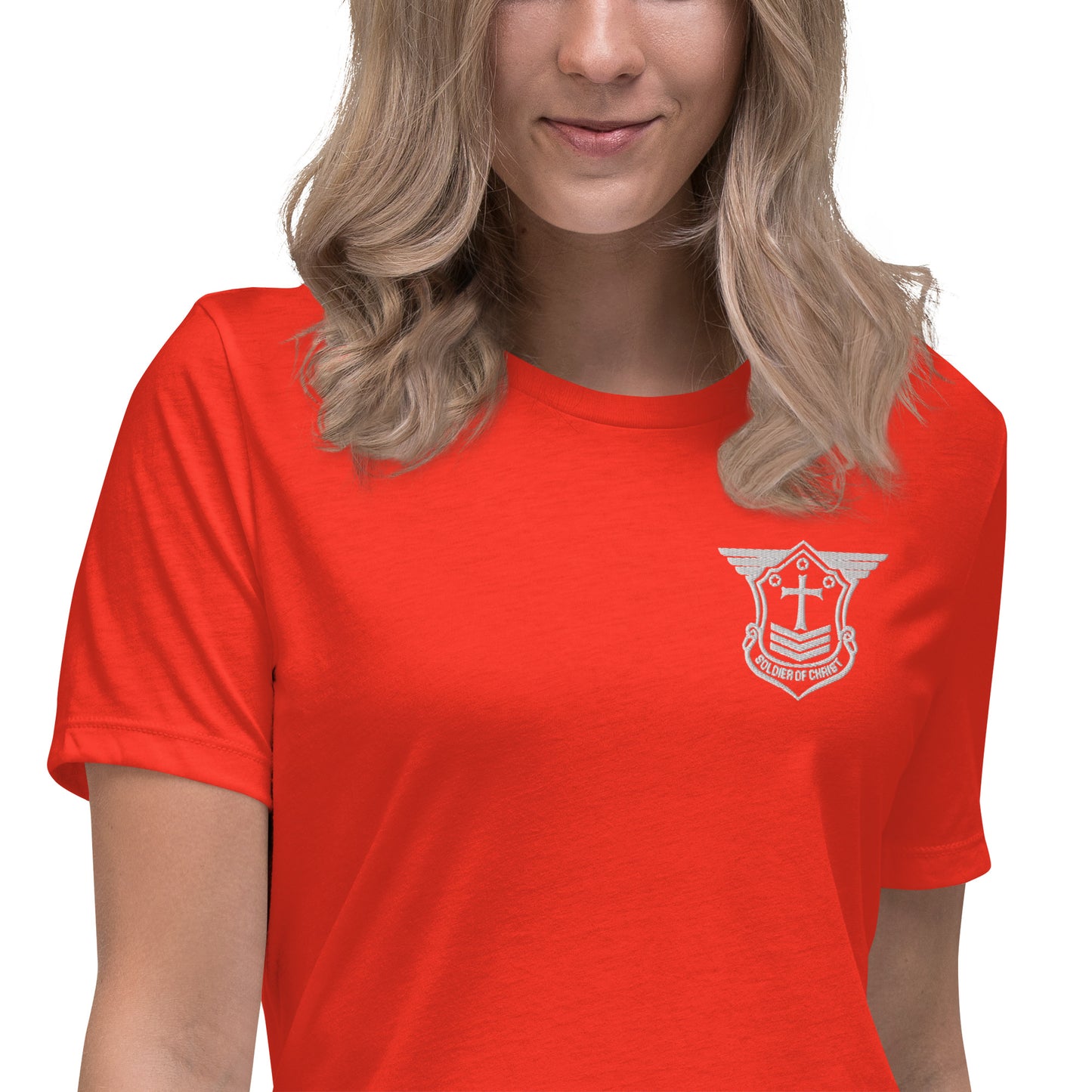 Women's Relaxed T-Shirt with White Embroidered Soldier of Christ Emblem