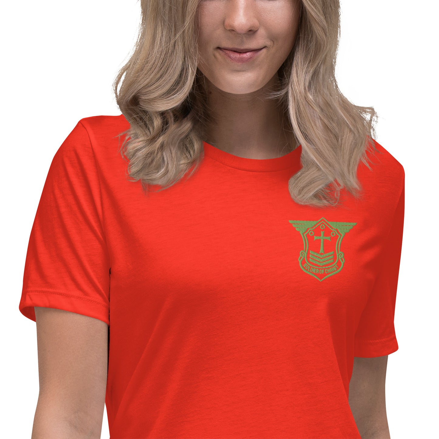 Women's Relaxed T-Shirt with Kiwi Green Embroidered Soldier of Christ Emblem