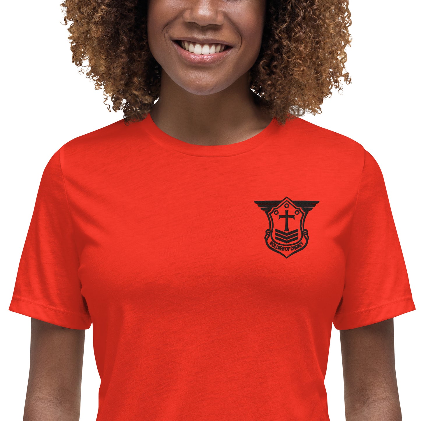 Women's Relaxed T-Shirt with Black Embroidered Soldier of Christ Emblem