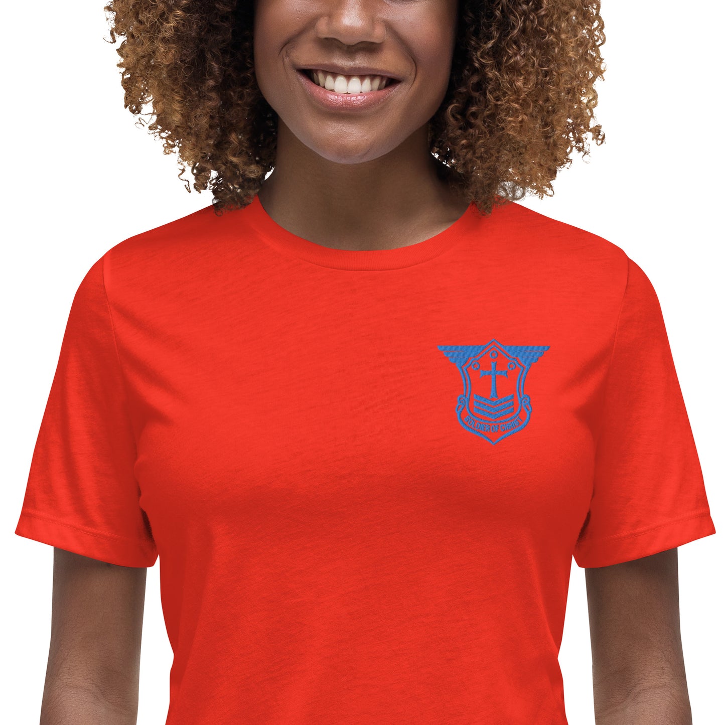 Women's Relaxed T-Shirt with Aqua Teal Embroidered Soldier of Christ Emblem