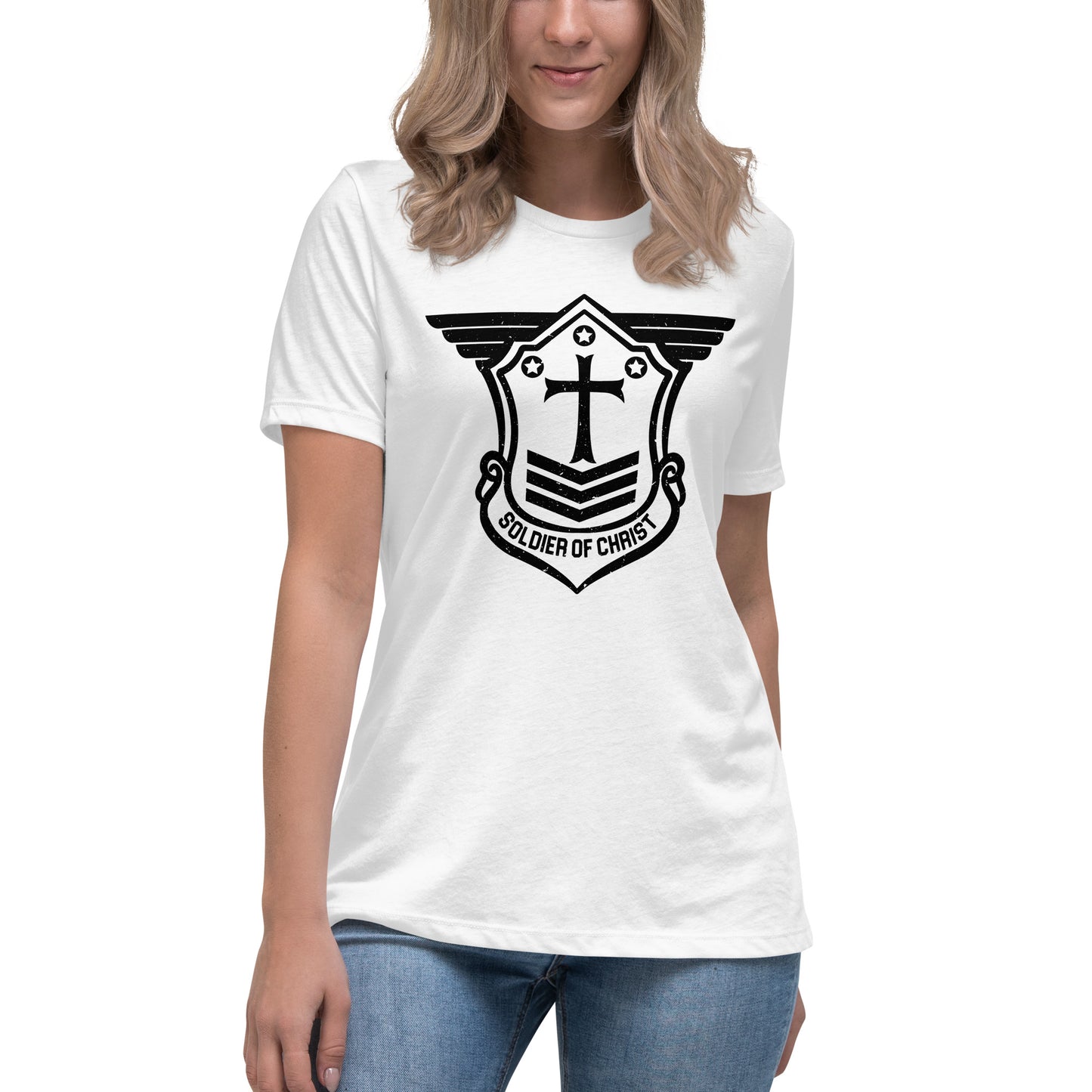 Women's Relaxed T-Shirt with Black Soldier of Christ Emblem Front