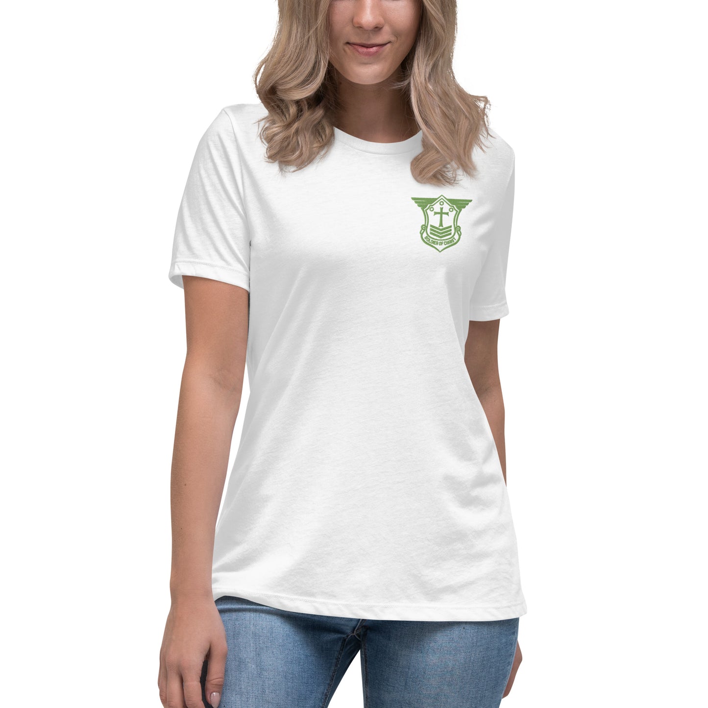 Women's Relaxed T-Shirt with Kiwi Green Embroidered Soldier of Christ Emblem