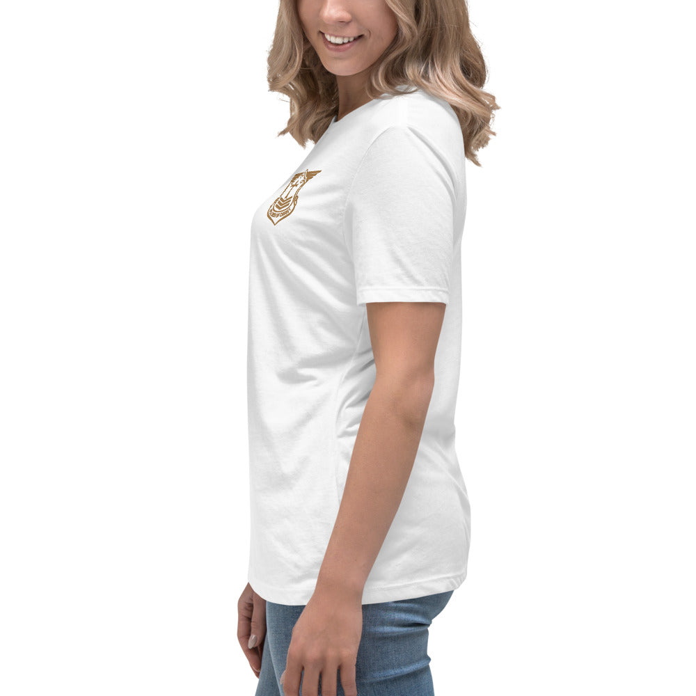 Women's Relaxed T-Shirt with Old Gold Embroidered Soldier of Christ Emblem