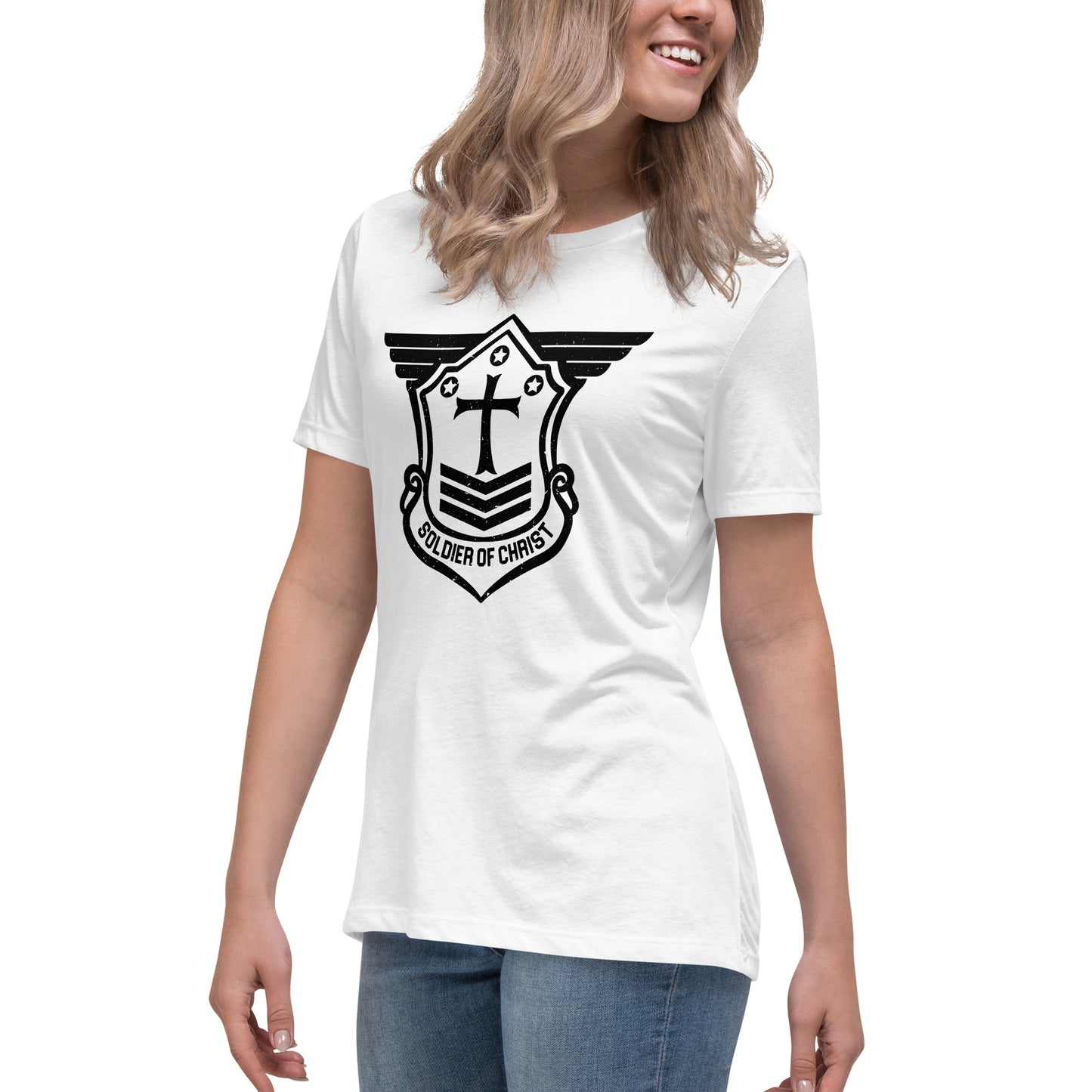 Women's Relaxed T-Shirt with Black Soldier of Christ Emblem Front