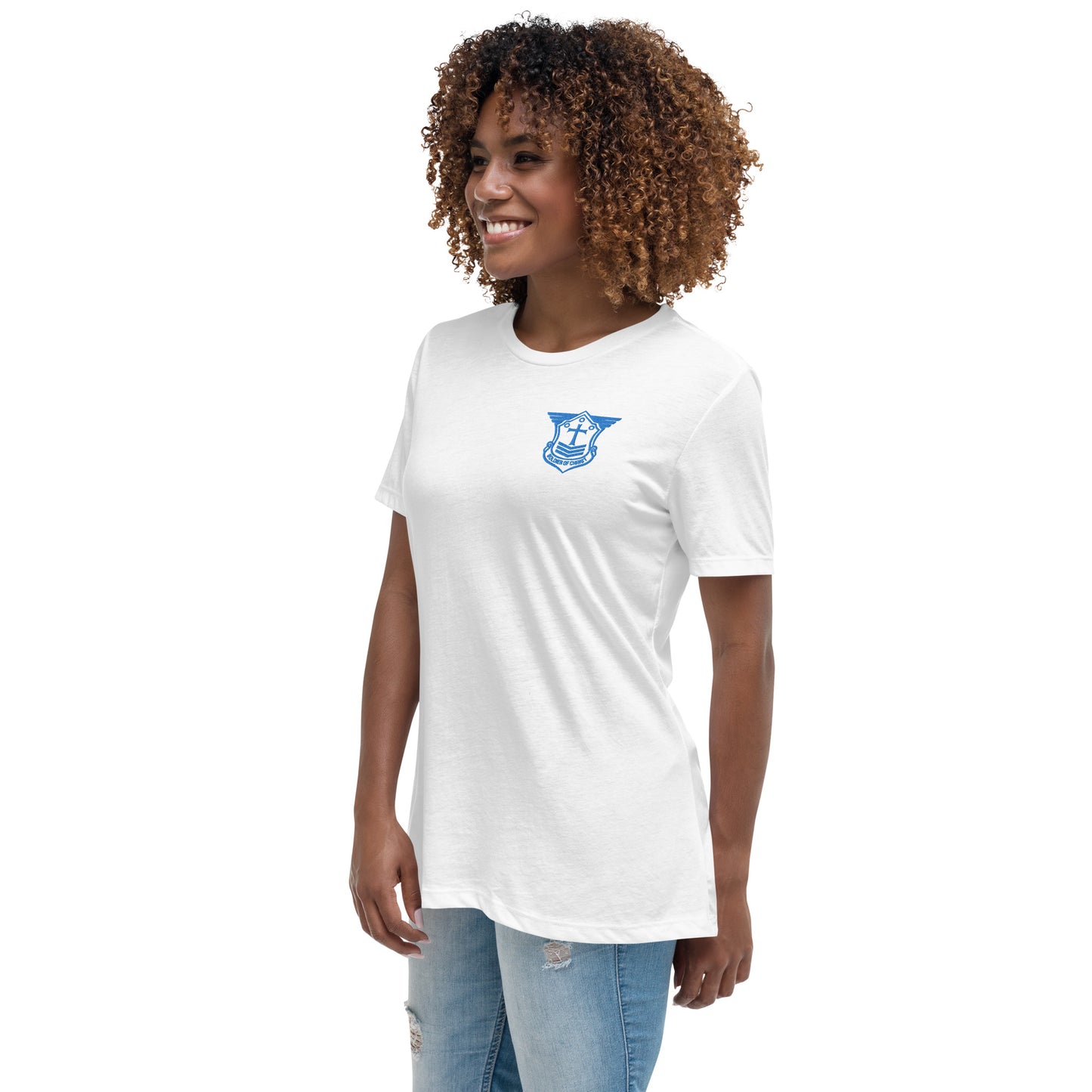 Women's Relaxed T-Shirt with Aqua Teal Embroidered Soldier of Christ Emblem