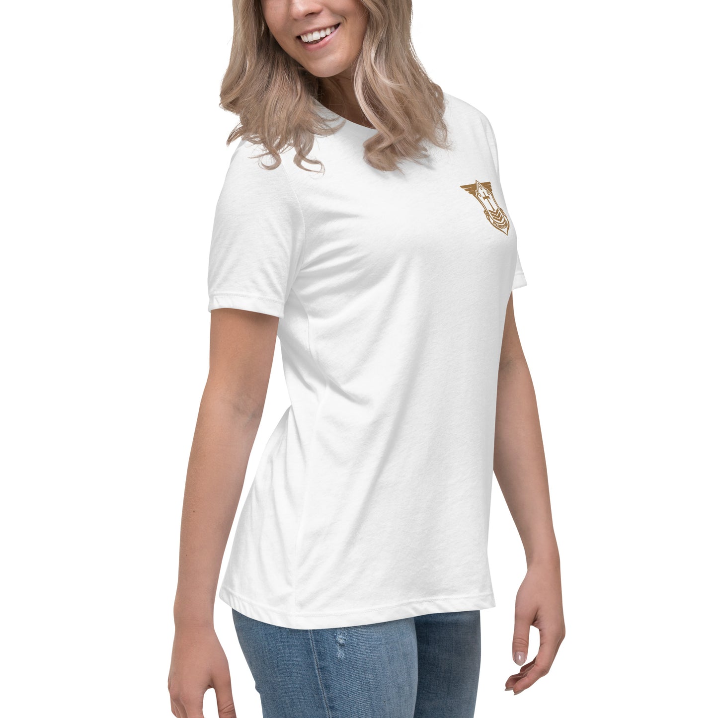 Women's Relaxed T-Shirt with Old Gold Embroidered Soldier of Christ Emblem