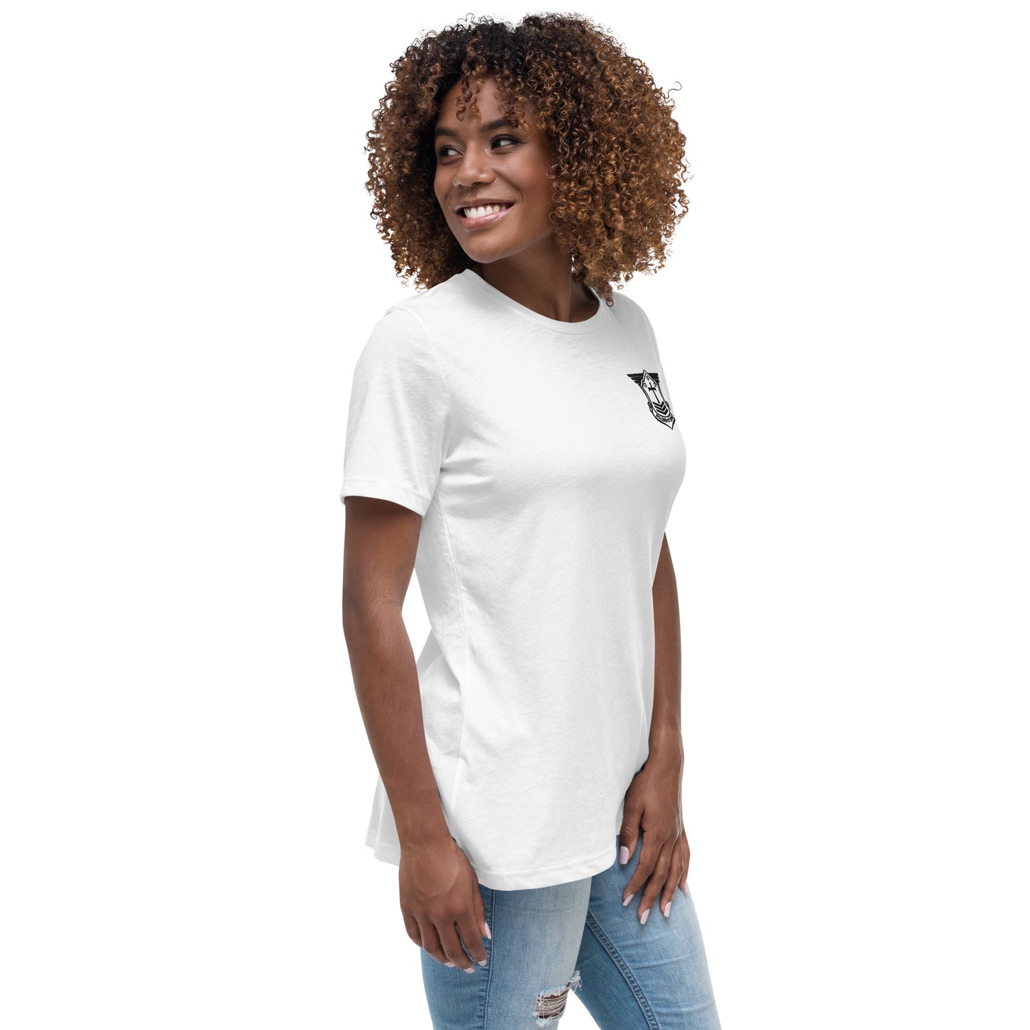 Women's Relaxed T-Shirt with Black Embroidered Soldier of Christ Emblem