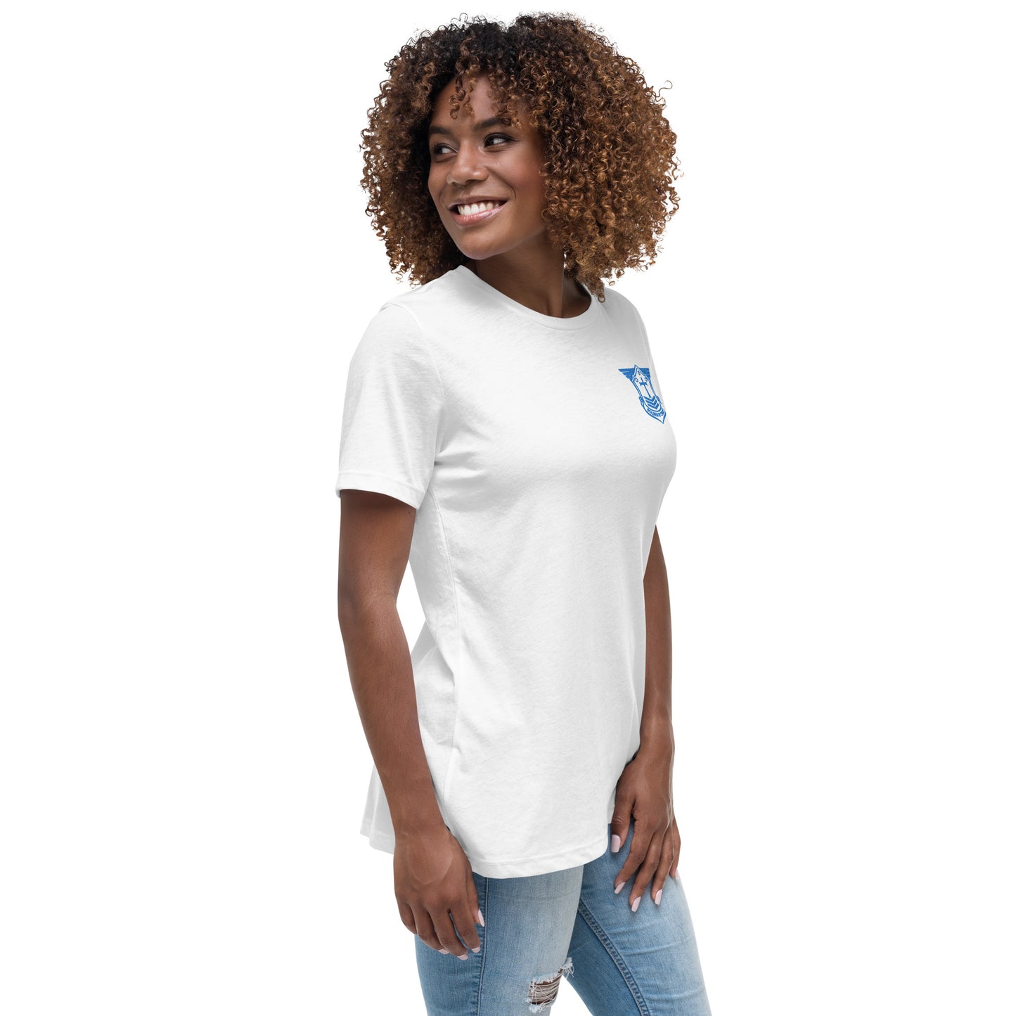 Women's Relaxed T-Shirt with Aqua Teal Embroidered Soldier of Christ Emblem