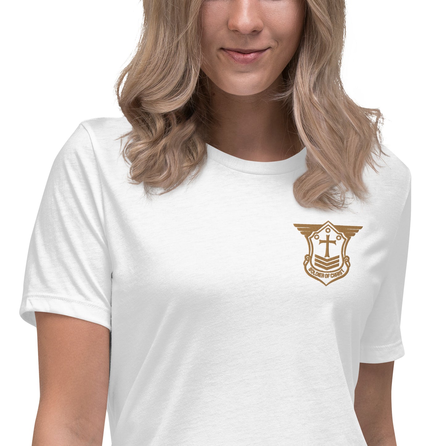 Women's Relaxed T-Shirt with Old Gold Embroidered Soldier of Christ Emblem