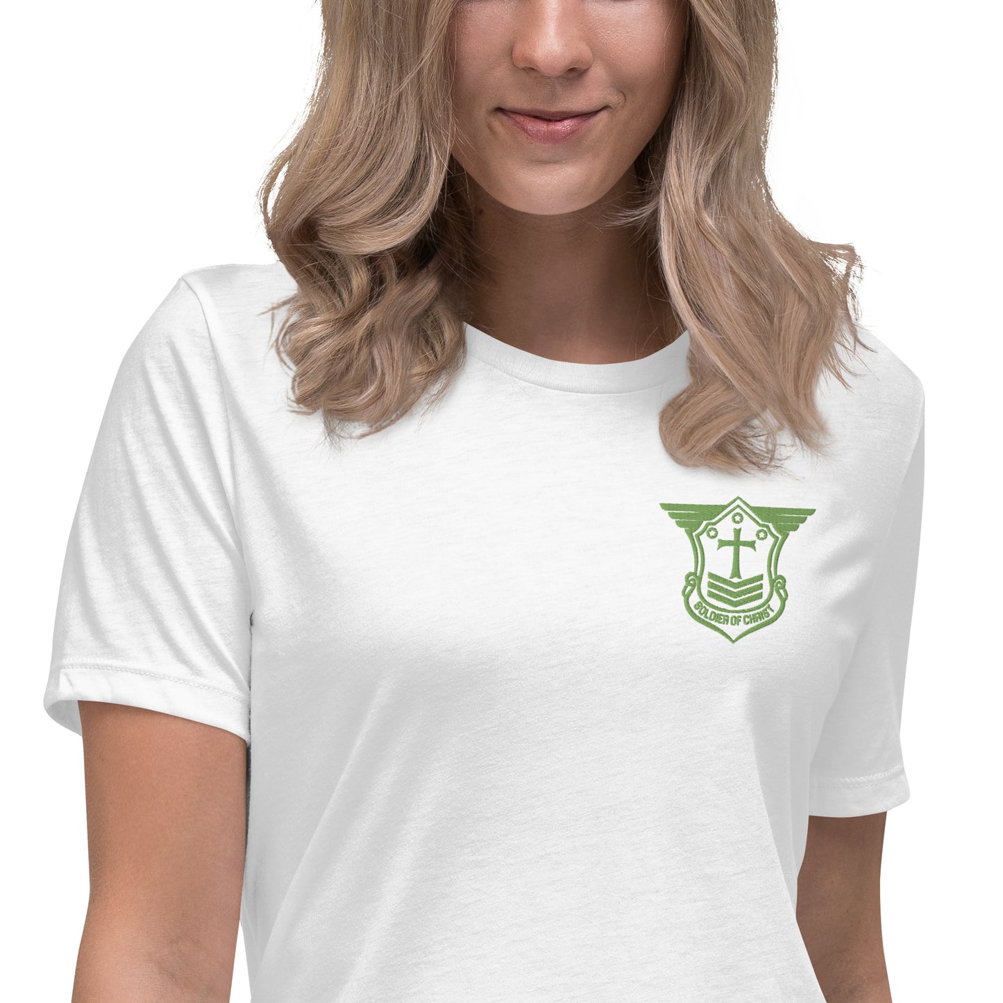 Women's Relaxed T-Shirt with Kiwi Green Embroidered Soldier of Christ Emblem