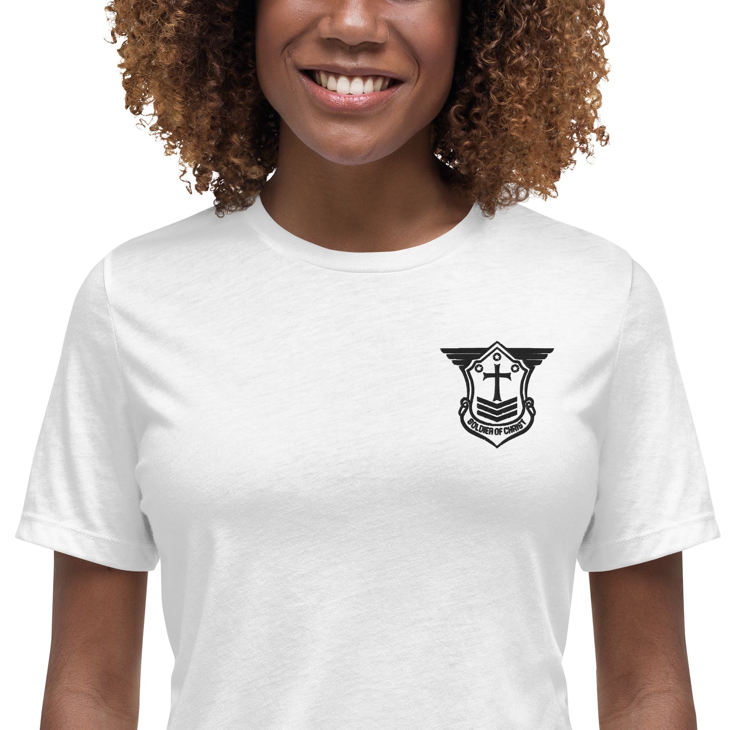 Women's Relaxed T-Shirt with Black Embroidered Soldier of Christ Emblem